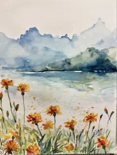 【原画】水彩画 風景画 花と湖畔の景色　自然風景のサムネイル