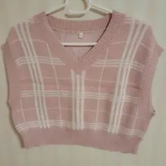 GU ピンク チェック柄 Vネック ベスト150cm