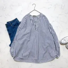 美品　バンヤードストーム　コットンシルク　バルーンスリーブブラウス　ストライプ