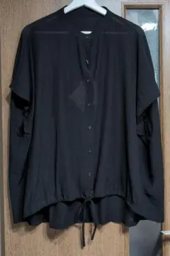 しまむら コラボ MUMU 裾ドロスト半袖 ブラウス ブラック ストライプのサムネイル