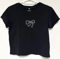 SHEIN ラインストーン リボン 半袖 Tシャツ ブラック