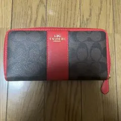超美品COACH 長財布 ブラウン/レッド　ラウンドファスナー