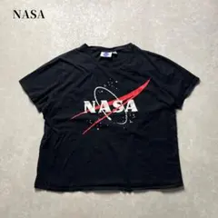 NASA 企業ロゴプリントTシャツ 墨黒ブラック 短丈シルエット 公式 古着