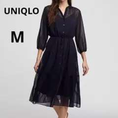 美品 UNIQLO M ブラック シフォンワンピース 七分袖 ドット柄