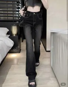 D*l様 ハイウエスト スリムフィット フレア裾 ウエスタンデニムジーンズ SH