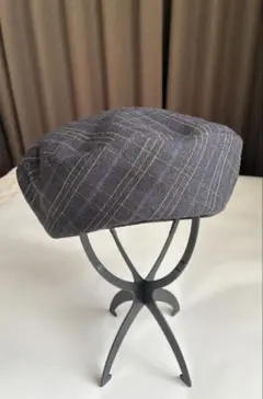 ダークグレー系 チェック柄 ベレー帽 ハンドメイド