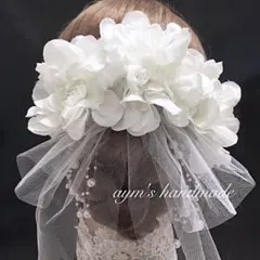 白ダリアベールリボン　ウェディング・結婚式ヘッドドレス｜ホワイトヘアアクセサリー