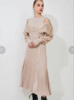 MERCURYDUO 異素材ドッキングフレアロングスリーブニットワンピース S