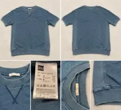 GU 半袖スウェット ブルー メンズ クルーネック ヴィンテージ風