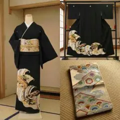 美品　黒留袖　正絹　袋帯　4点フルセット駒刺繍　結婚式　比翼仕立て　礼装　五つ紋