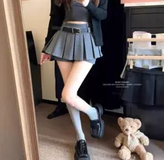 ベルト付プリーツスカート M ショーパン グレー Y2K 秋冬 インナーパンツ