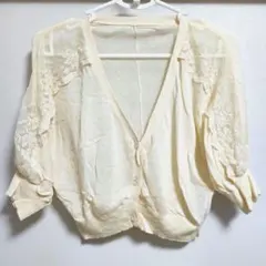 美品✨薔薇モチーフ 透かし編み カーディガン クリーム ベージュ an3のサムネイル