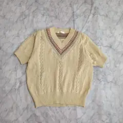 ​レトロ 古着 透かし編み ニット 半袖 パフスリーブ 肩パット 日本製 80s