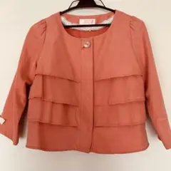 オレンジ　ノーカラージャケット　長袖　羽織り　ブルゾン　カーディガン