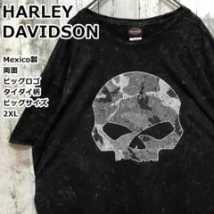 ハーレーダビッドソン Tシャツ ドクロ バイク 黒 タイダイ柄 2XL 90s