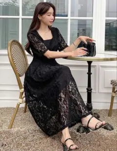 黒 総レースロングワンピース 半袖 XL 骨格ストレート 骨スト 夏 秋服