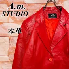 【激レアカラー】一点物古着本革レザー　テーラードジャケット　赤レッド　L個性派