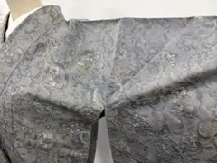 大島紬 裄66 身丈158 青 花柄 洋風デザイン 袷 くすみブルー リメイク