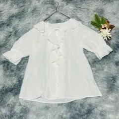 GU ジーユー (S) ラッフルＶネックブラウス 5分袖 オフホワイト