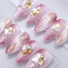 894 ネイルチップSサイズ 韓国 ちゅるん ニュアンス 金箔 シェル　ピンクのサムネイル