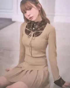 ミシェルマカロン ファースリーブチェックニットトップス - メルカリ
