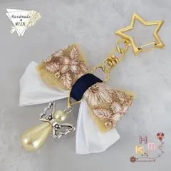 推しカラー☆エンジェル☆キーホルダー  インド刺繡リボン 無地 天使 黄×白×黄
