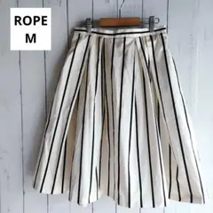 【ROPE ロペ】М アイボリーブラック縦縞膝下タックスフレアスカート光沢有りのサムネイル