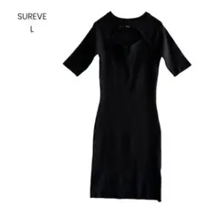 ニットワンピース リブニット 半袖 タイト胸開き セクシー 黒 L 1155