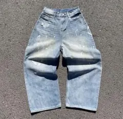 Y2K ペイント加工 ワイドデニム バギーパンツ ストレートデニム 라이트 블루