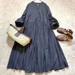 【洗える】【美品】BEARDSLEY バンドカラー ギャザー ロングワンピース
