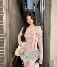 新品SHEIN韓国風 オフショルピンク 長袖Tシャツ ブラウス リボンレース