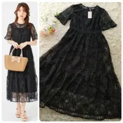 新品タグ付き☆Feroux フェルゥ洗えるレースオンドットワンピース 黒 M