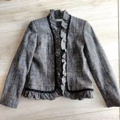 フリル襟グレー系ウールツイードジャケット　М