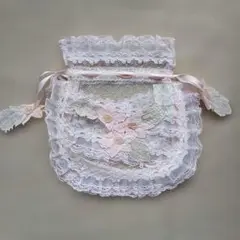レースと花の刺繍巾着　 ホワイトピンク