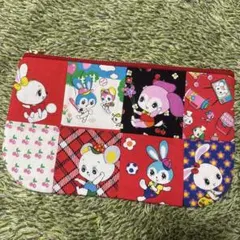 レトロアニマル パッチワーク ペタンコポーチ　赤　緑系