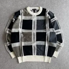 ニット セーター チェック柄 毛混 モノトーン メンズL オーバーサイズ モード