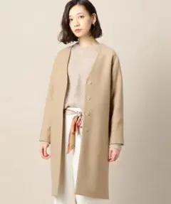 A7630 ハミルトンラムウール ロングコート ノーカラー ウール ベージュ S