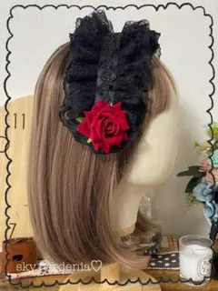♡赤薔薇ボリュームレースダブルリボンヘッドドレスロリータ 量産型地雷系 ゴスロリ