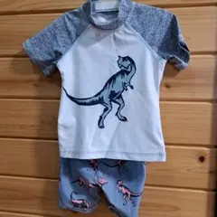 恐竜プリント ラッシュガード水着　日除け付きキャップ3点セット 80cmくらい