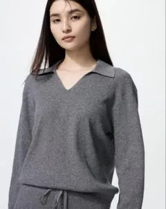 ウォッシャブルニット　リブポロセーター　グレー