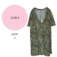 【ザラ】ZARA♡新品♡Vネック♡ワンピース♡チュニック【S】花柄総柄♡半袖