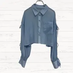 【イング】袖リボンラメシアーショートシャツ 可愛い M 水色 3751