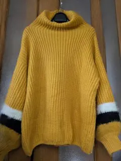 値下げ！黄色タートルネック■ざっくりセーター■パフスリーブ■一部モヘア