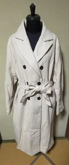 クリーム色 ダブルブレスト ロングコートXL