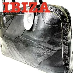 【良品】IBIZA イビサ 本革 ハンドバッグ 黒 編み込み パッチワーク