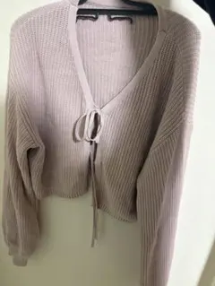 薄ピンクVネックリボン付きニットカーディガン