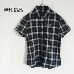 無印良品 柔らかコットン チェック半袖シャツ カジュアル グリーン系 綿100%