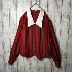 【個性派レトロ】ブラウス☆ショート丈ポリシャツ☆ストライプ☆赤黒　11号