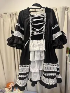 ブラック×ホワイト クラシカルロリータ OPワンピーset ヘアアクセ付き