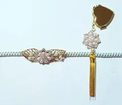 新品☆成人式・結婚式　丸締・平締兼用　大パール帯留め+揃い鏡付根付　金